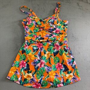 D & Co Beach Orange Tropical Hibiscus Floral Swimdress Swimsuit Womens 16